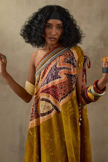 Aseem Kapoor Multi Color Crepe Sequins, Embroidery Asymmetric Rasa Printed Draped Dress at Aza Fashions Aseem Kapoor_Multi Color Crepe Sequins, Embroidery Asymmetric Rasa Printed Draped Dress _at_Aza_Fashions