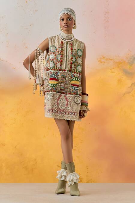 Aseem Kapoor Multi Color Net, Muslin Beads, Mirrors Round Neck Mehru Moti Embroidered Dress Online at Aza Fashions Aseem Kapoor_Multi Color Net, Muslin Beads, Mirrors Round Neck Mehru Moti Embroidered Dress _Online_at_Aza_Fashions
