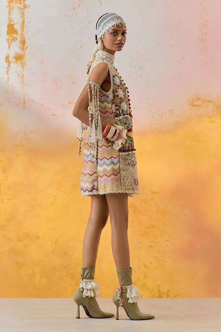 Shop Aseem Kapoor Multi Color Net, Muslin Beads, Mirrors Round Neck Mehru Moti Embroidered Dress Online at Aza Fashions Shop_Aseem Kapoor_Multi Color Net, Muslin Beads, Mirrors Round Neck Mehru Moti Embroidered Dress _Online_at_Aza_Fashions