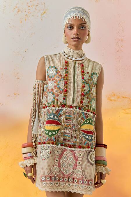 Aseem Kapoor Multi Color Net, Muslin Beads, Mirrors Round Neck Mehru Moti Embroidered Dress at Aza Fashions Aseem Kapoor_Multi Color Net, Muslin Beads, Mirrors Round Neck Mehru Moti Embroidered Dress _at_Aza_Fashions