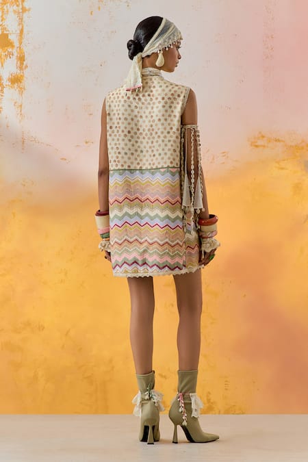 Shop Aseem Kapoor Multi Color Net, Muslin Beads, Mirrors Round Neck Mehru Moti Embroidered Dress at Aza Fashions Shop_Aseem Kapoor_Multi Color Net, Muslin Beads, Mirrors Round Neck Mehru Moti Embroidered Dress _at_Aza_Fashions