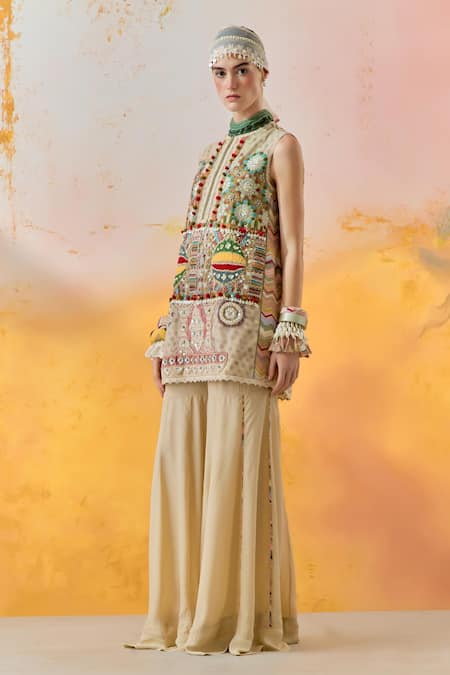 Shop Aseem Kapoor Multi Color Muslin, Net, Crepe Beads, Mehru Moti Embroidered Dress And Sharara Set Online at Aza Fashions Shop_Aseem Kapoor_Multi Color Muslin, Net, Crepe Beads, Mehru Moti Embroidered Dress And Sharara Set _Online_at_Aza_Fashions