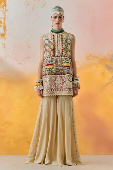 Aseem Kapoor Multi Color Muslin, Net, Crepe Beads, Metallic Mehru Moti Dress Sharara Set Online at Aza Fashions Aseem Kapoor_Multi Color Muslin, Net, Crepe Beads, Metallic Mehru Moti Dress Sharara Set _Online_at_Aza_Fashions