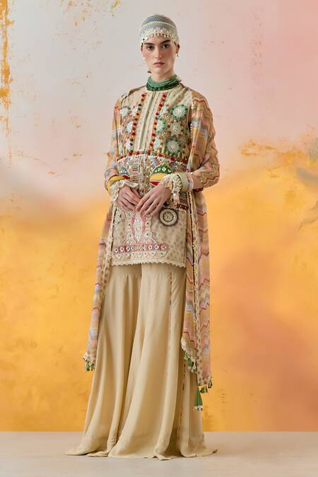 Aseem Kapoor Multi Color Muslin, Net, Crepe Beads, Metallic Mehru Moti Dress Sharara Set at Aza Fashions Aseem Kapoor_Multi Color Muslin, Net, Crepe Beads, Metallic Mehru Moti Dress Sharara Set _at_Aza_Fashions