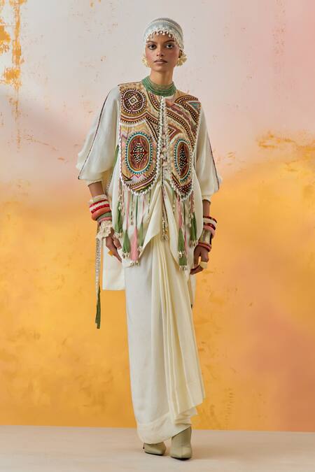 Aseem Kapoor Multi Color Satin, Beads, Embroidery Zuri Chevron Print Gilet Online at Aza Fashions Aseem Kapoor_Multi Color Satin, Beads, Embroidery Zuri Chevron Print Gilet _Online_at_Aza_Fashions