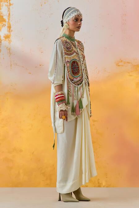 Shop Aseem Kapoor Multi Color Satin, Beads, Embroidery Zuri Chevron Print Gilet Online at Aza Fashions Shop_Aseem Kapoor_Multi Color Satin, Beads, Embroidery Zuri Chevron Print Gilet _Online_at_Aza_Fashions