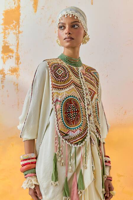 Aseem Kapoor Multi Color Satin, Beads, Embroidery Zuri Chevron Print Gilet at Aza Fashions Aseem Kapoor_Multi Color Satin, Beads, Embroidery Zuri Chevron Print Gilet _at_Aza_Fashions