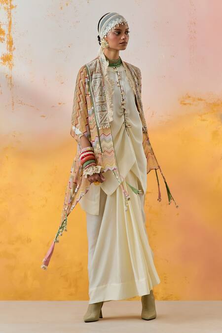 Shop Aseem Kapoor Multi Color Silk Embroidery Open Neck Veni Chevron Print Jacket Shop_Aseem Kapoor_Multi Color Silk Embroidery Open Neck Veni Chevron Print Jacket
