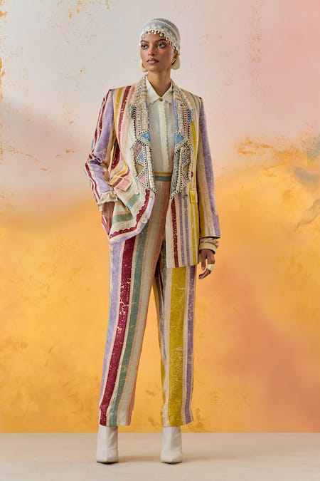 Buy Aseem Kapoor Multi Color Silk Embroidery, Beads Collared Veni Stripe Print Jacket Online at Aza Fashions Buy_Aseem Kapoor_Multi Color Silk Embroidery, Beads Collared Veni Stripe Print Jacket _Online_at_Aza_Fashions