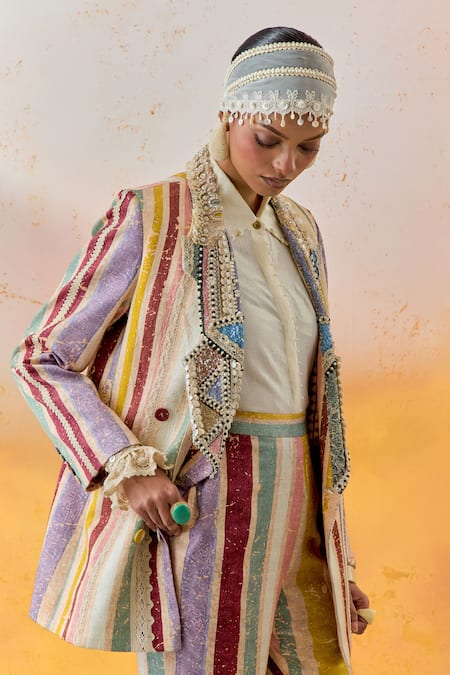 Shop Aseem Kapoor Multi Color Silk Embroidery, Beads Collared Veni Stripe Print Jacket Online at Aza Fashions Shop_Aseem Kapoor_Multi Color Silk Embroidery, Beads Collared Veni Stripe Print Jacket _Online_at_Aza_Fashions