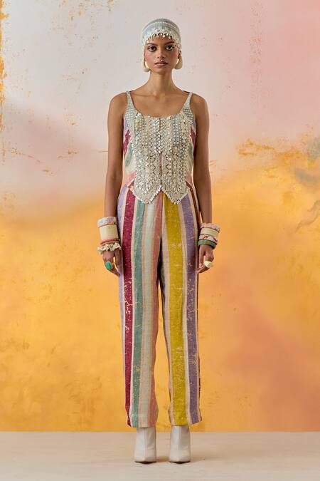 Aseem Kapoor Multi Color Cotton, Satin, Silk Tassels, Noori Embroidered Blazer Trouser Set Online at Aza Fashions Aseem Kapoor_Multi Color Cotton, Satin, Silk Tassels, Noori Embroidered Blazer Trouser Set _Online_at_Aza_Fashions
