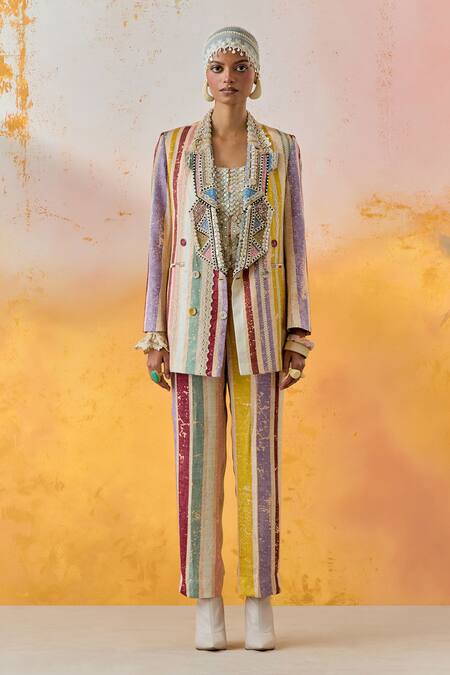Aseem Kapoor Multi Color Cotton, Satin, Silk Tassels, Noori Embroidered Blazer Trouser Set at Aza Fashions Aseem Kapoor_Multi Color Cotton, Satin, Silk Tassels, Noori Embroidered Blazer Trouser Set _at_Aza_Fashions