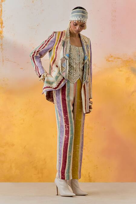 Buy Aseem Kapoor Multi Color Cotton, Satin, Silk Tassels, Noori Embroidered Blazer Trouser Set Buy_Aseem Kapoor_Multi Color Cotton, Satin, Silk Tassels, Noori Embroidered Blazer Trouser Set