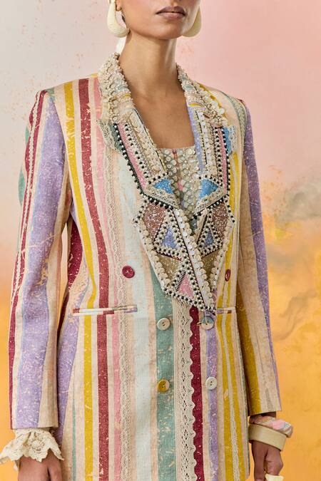Shop Aseem Kapoor Multi Color Cotton, Satin, Silk Tassels, Noori Embroidered Blazer Trouser Set Shop_Aseem Kapoor_Multi Color Cotton, Satin, Silk Tassels, Noori Embroidered Blazer Trouser Set