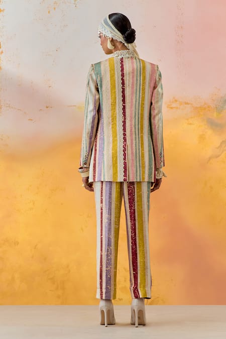 Shop Aseem Kapoor Multi Color Cotton, Satin, Silk Tassels, Noori Embroidered Blazer Trouser Set at Aza Fashions Shop_Aseem Kapoor_Multi Color Cotton, Satin, Silk Tassels, Noori Embroidered Blazer Trouser Set _at_Aza_Fashions