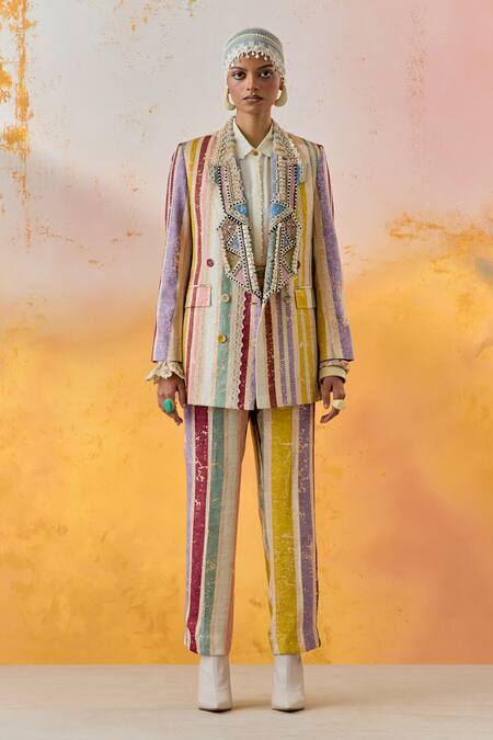 Aseem Kapoor Multi Color Silk, Satin Embroidery, Noori Mother Of Pearl Blazer Trouser Set Online at Aza Fashions Aseem Kapoor_Multi Color Silk, Satin Embroidery, Noori Mother Of Pearl Blazer Trouser Set _Online_at_Aza_Fashions