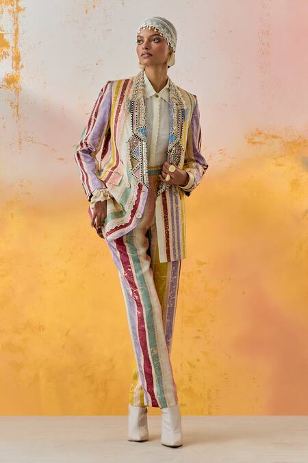 Shop Aseem Kapoor Multi Color Silk, Satin Embroidery, Noori Mother Of Pearl Blazer Trouser Set Online at Aza Fashions Shop_Aseem Kapoor_Multi Color Silk, Satin Embroidery, Noori Mother Of Pearl Blazer Trouser Set _Online_at_Aza_Fashions