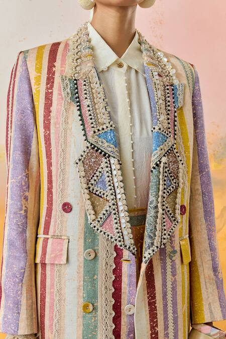 Buy Aseem Kapoor Multi Color Silk, Satin Embroidery, Noori Mother Of Pearl Blazer Trouser Set Buy_Aseem Kapoor_Multi Color Silk, Satin Embroidery, Noori Mother Of Pearl Blazer Trouser Set