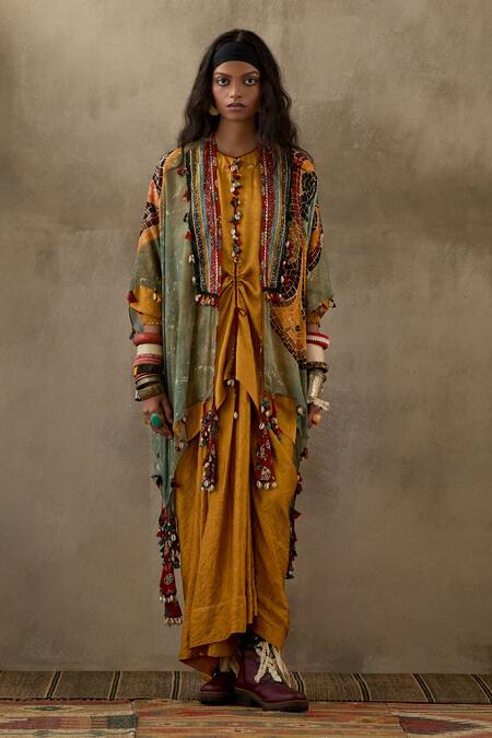 Shop Aseem Kapoor Yellow Silk Tassels, Lace Open Neck Tribal Veni Dupatta Jacket Online at Aza Fashions Shop_Aseem Kapoor_Yellow Silk Tassels, Lace Open Neck Tribal Veni Dupatta Jacket _Online_at_Aza_Fashions