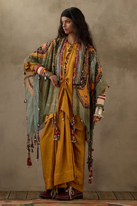 Aseem Kapoor Yellow Silk Tassels, Lace Open Neck Tribal Veni Dupatta Jacket at Aza Fashions Aseem Kapoor_Yellow Silk Tassels, Lace Open Neck Tribal Veni Dupatta Jacket _at_Aza_Fashions