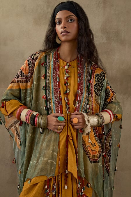 Buy Aseem Kapoor Yellow Silk Tassels, Lace Open Neck Tribal Veni Dupatta Jacket Buy_Aseem Kapoor_Yellow Silk Tassels, Lace Open Neck Tribal Veni Dupatta Jacket