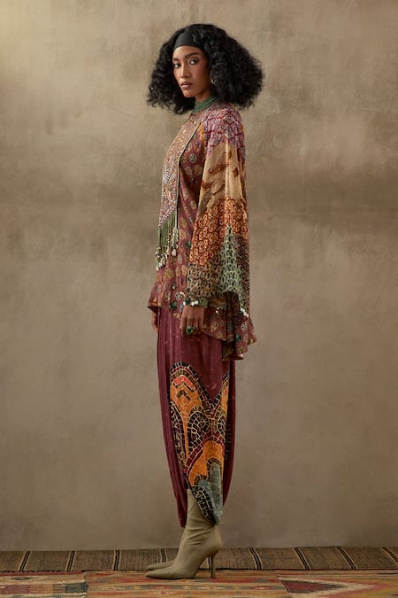 Shop Aseem Kapoor Multi Color Silk, Crepe Tassels, Embroidery Mariyam Kurta And Draped Trouser Set Online at Aza Fashions Shop_Aseem Kapoor_Multi Color Silk, Crepe Tassels, Embroidery Mariyam Kurta And Draped Trouser Set _Online_at_Aza_Fashions