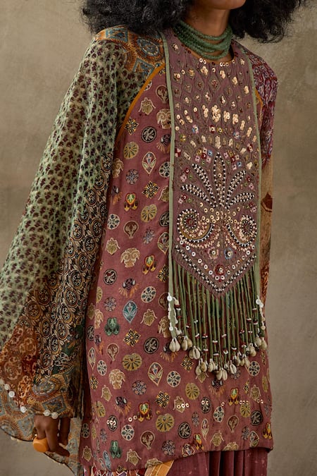 Aseem Kapoor Multi Color Silk, Crepe Tassels, Embroidery Mariyam Kurta And Draped Trouser Set at Aza Fashions Aseem Kapoor_Multi Color Silk, Crepe Tassels, Embroidery Mariyam Kurta And Draped Trouser Set _at_Aza_Fashions