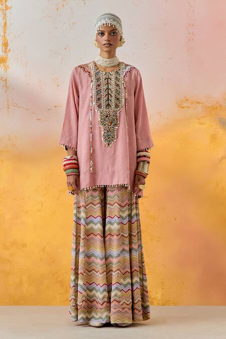 Aseem Kapoor Pink Crepe, Silk Tassels, Beads, Embroidery Round Mitra Kurta And Sharara Set Online at Aza Fashions Aseem Kapoor_Pink Crepe, Silk Tassels, Beads, Embroidery Round Mitra Kurta And Sharara Set _Online_at_Aza_Fashions
