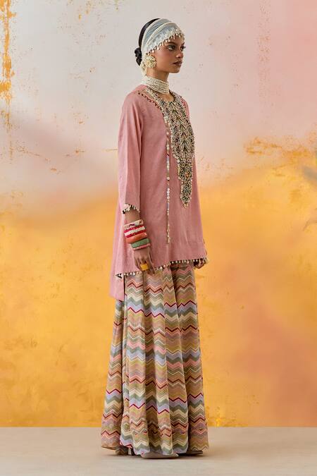 Shop Aseem Kapoor Pink Crepe, Silk Tassels, Beads, Embroidery Round Mitra Kurta And Sharara Set Online at Aza Fashions Shop_Aseem Kapoor_Pink Crepe, Silk Tassels, Beads, Embroidery Round Mitra Kurta And Sharara Set _Online_at_Aza_Fashions