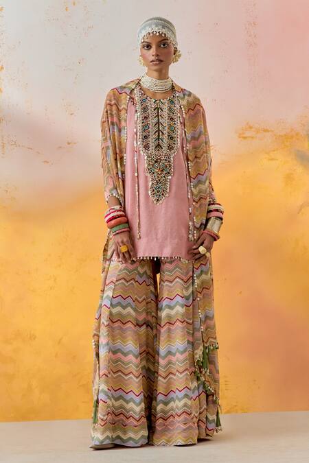 Buy Aseem Kapoor Pink Crepe, Silk Tassels, Beads, Embroidery Round Mitra Kurta And Sharara Set Buy_Aseem Kapoor_Pink Crepe, Silk Tassels, Beads, Embroidery Round Mitra Kurta And Sharara Set
