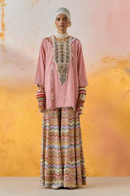 Aseem Kapoor Pink Crepe, Silk Tassels, Pearls, Embroidery Round Neck Mitra Kurta Sharara Set Online at Aza Fashions Aseem Kapoor_Pink Crepe, Silk Tassels, Pearls, Embroidery Round Neck Mitra Kurta Sharara Set _Online_at_Aza_Fashions