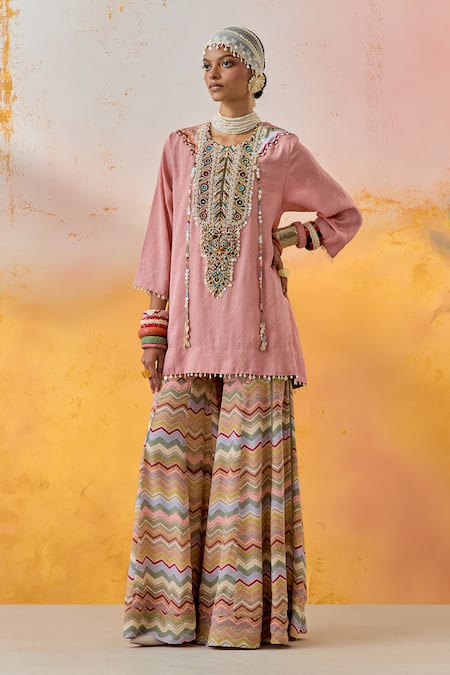 Shop Aseem Kapoor Pink Crepe, Silk Tassels, Pearls, Embroidery Round Neck Mitra Kurta Sharara Set Online at Aza Fashions Shop_Aseem Kapoor_Pink Crepe, Silk Tassels, Pearls, Embroidery Round Neck Mitra Kurta Sharara Set _Online_at_Aza_Fashions