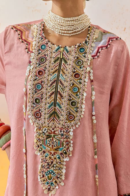 Buy Aseem Kapoor Pink Crepe, Silk Tassels, Pearls, Embroidery Round Neck Mitra Kurta Sharara Set Buy_Aseem Kapoor_Pink Crepe, Silk Tassels, Pearls, Embroidery Round Neck Mitra Kurta Sharara Set