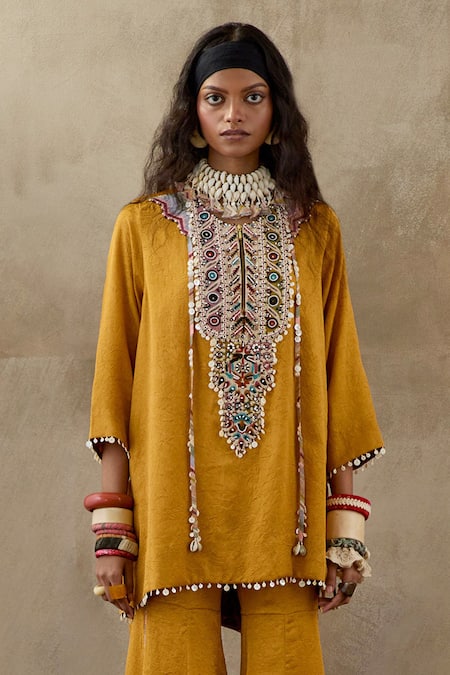 Aseem Kapoor Yellow Crepe, Silk Tassels, Beads Round Mitra Embroidered Kurta And Trouser Set Online at Aza Fashions Aseem Kapoor_Yellow Crepe, Silk Tassels, Beads Round Mitra Embroidered Kurta And Trouser Set _Online_at_Aza_Fashions