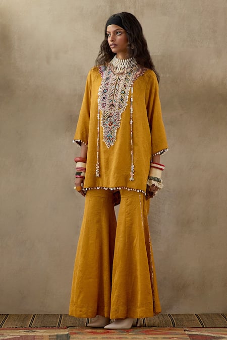 Shop Aseem Kapoor Yellow Crepe, Silk Tassels, Beads Round Mitra Embroidered Kurta And Trouser Set Online at Aza Fashions Shop_Aseem Kapoor_Yellow Crepe, Silk Tassels, Beads Round Mitra Embroidered Kurta And Trouser Set _Online_at_Aza_Fashions