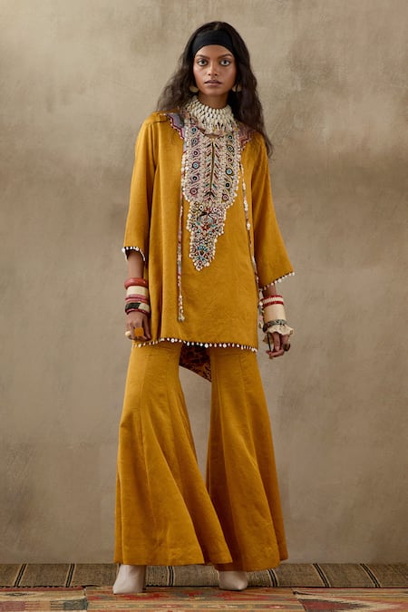 Aseem Kapoor Yellow Crepe, Silk Tassels, Beads Round Mitra Embroidered Kurta And Trouser Set at Aza Fashions Aseem Kapoor_Yellow Crepe, Silk Tassels, Beads Round Mitra Embroidered Kurta And Trouser Set _at_Aza_Fashions