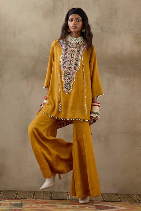 Buy Aseem Kapoor Yellow Crepe, Silk Tassels, Beads Round Mitra Embroidered Kurta And Trouser Set Buy_Aseem Kapoor_Yellow Crepe, Silk Tassels, Beads Round Mitra Embroidered Kurta And Trouser Set