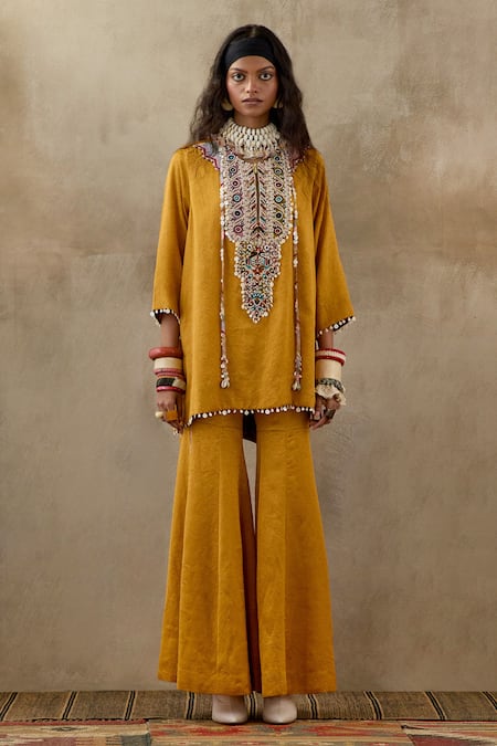 Shop Aseem Kapoor Yellow Crepe, Silk Tassels, Beads Round Mitra Embroidered Kurta And Trouser Set at Aza Fashions Shop_Aseem Kapoor_Yellow Crepe, Silk Tassels, Beads Round Mitra Embroidered Kurta And Trouser Set _at_Aza_Fashions