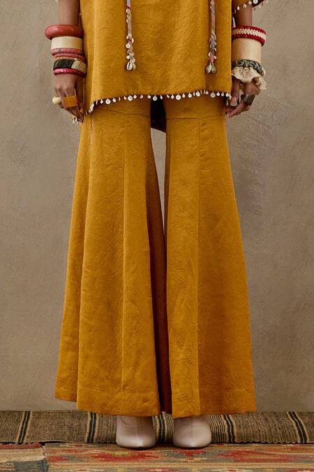 Aseem Kapoor Yellow Crepe, Silk Tassels, Beads Round Neck Mitra Embroidered Kurta Trouser Set Online at Aza Fashions Aseem Kapoor_Yellow Crepe, Silk Tassels, Beads Round Neck Mitra Embroidered Kurta Trouser Set _Online_at_Aza_Fashions