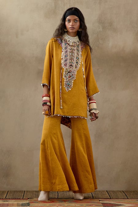 Buy Aseem Kapoor Yellow Crepe, Silk Tassels, Beads Round Neck Mitra Embroidered Kurta Trouser Set Online at Aza Fashions Buy_Aseem Kapoor_Yellow Crepe, Silk Tassels, Beads Round Neck Mitra Embroidered Kurta Trouser Set _Online_at_Aza_Fashions