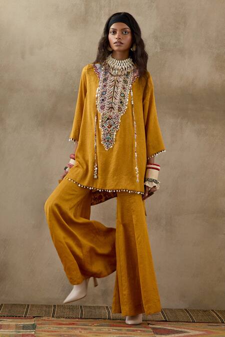 Shop Aseem Kapoor Yellow Crepe, Silk Tassels, Beads Round Neck Mitra Embroidered Kurta Trouser Set Online at Aza Fashions Shop_Aseem Kapoor_Yellow Crepe, Silk Tassels, Beads Round Neck Mitra Embroidered Kurta Trouser Set _Online_at_Aza_Fashions