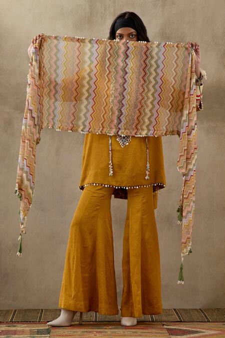 Aseem Kapoor Yellow Crepe, Silk Tassels, Beads Round Neck Mitra Embroidered Kurta Trouser Set at Aza Fashions Aseem Kapoor_Yellow Crepe, Silk Tassels, Beads Round Neck Mitra Embroidered Kurta Trouser Set _at_Aza_Fashions