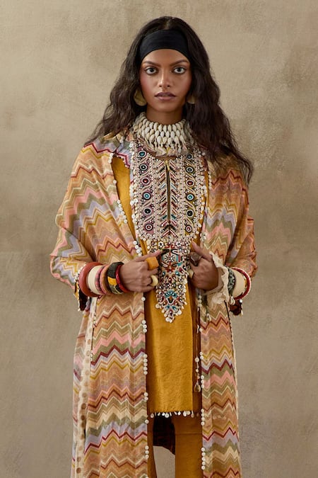 Buy Aseem Kapoor Yellow Crepe, Silk Tassels, Beads Round Neck Mitra Embroidered Kurta Trouser Set Buy_Aseem Kapoor_Yellow Crepe, Silk Tassels, Beads Round Neck Mitra Embroidered Kurta Trouser Set