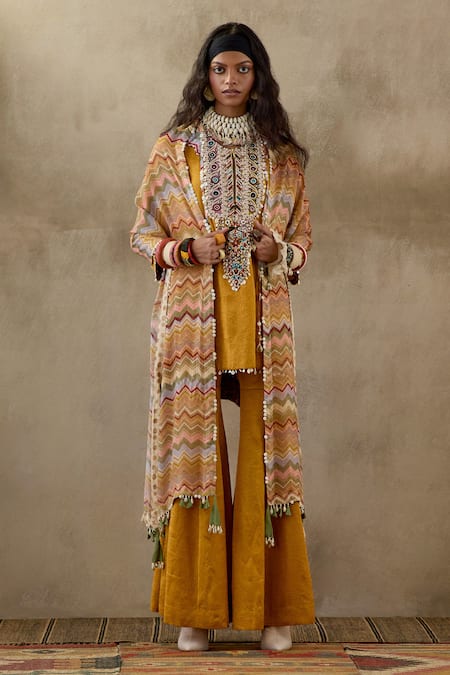 Shop Aseem Kapoor Yellow Crepe, Silk Tassels, Beads Round Neck Mitra Embroidered Kurta Trouser Set Shop_Aseem Kapoor_Yellow Crepe, Silk Tassels, Beads Round Neck Mitra Embroidered Kurta Trouser Set