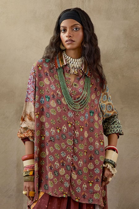 Aseem Kapoor Pink Crepe Collared Atri Natural Printed Shirt at Aza Fashions Aseem Kapoor_Pink Crepe Collared Atri Natural Printed Shirt _at_Aza_Fashions