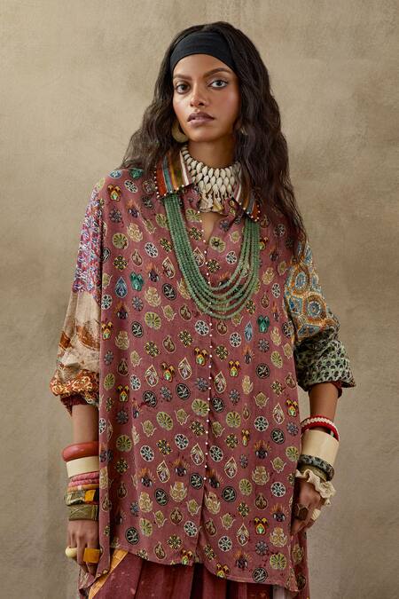 Buy Aseem Kapoor Pink Crepe Collared Atri Printed Shirt And Trouser Set Buy_Aseem Kapoor_Pink Crepe Collared Atri Printed Shirt And Trouser Set