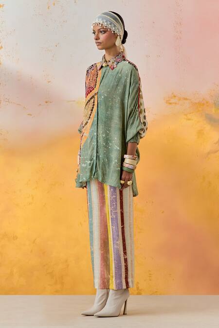Aseem Kapoor Green Crepe Embroidery Collared Mandala Printed Trapeze Shirt Online at Aza Fashions Aseem Kapoor_Green Crepe Embroidery Collared Mandala Printed Trapeze Shirt _Online_at_Aza_Fashions