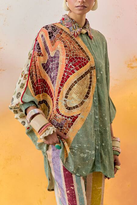 Shop Aseem Kapoor Green Crepe Embroidery Collared Mandala Printed Trapeze Shirt Online at Aza Fashions Shop_Aseem Kapoor_Green Crepe Embroidery Collared Mandala Printed Trapeze Shirt _Online_at_Aza_Fashions