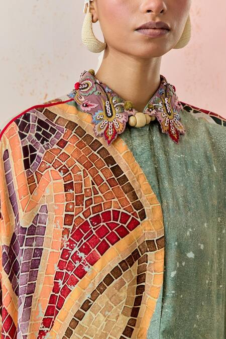 Aseem Kapoor Green Crepe Embroidery Collared Mandala Printed Trapeze Shirt at Aza Fashions Aseem Kapoor_Green Crepe Embroidery Collared Mandala Printed Trapeze Shirt _at_Aza_Fashions