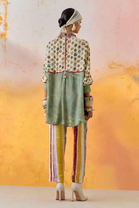 Shop Aseem Kapoor Green Crepe Embroidery Collared Mandala Printed Trapeze Shirt at Aza Fashions Shop_Aseem Kapoor_Green Crepe Embroidery Collared Mandala Printed Trapeze Shirt _at_Aza_Fashions